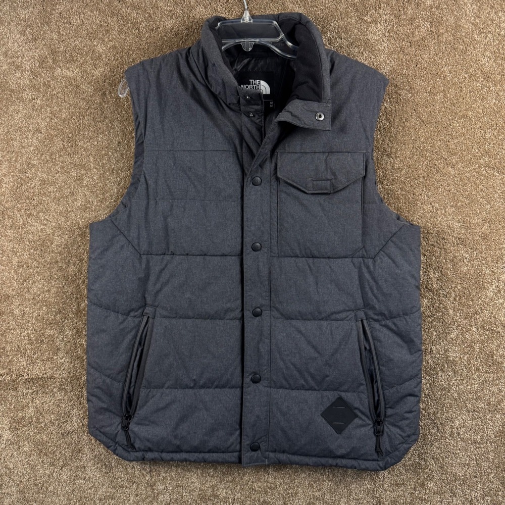 The North Face Mens Gray Puffer Vest Insulated Snap Front Size Medium Heathered